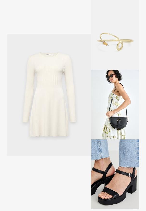 Gari garām piedurknēm veidota kleita no gaiši pelēka ribota auduma. Pieguļoša augšdaļa ar izplestu svārku. Apaļš kakla izgriezums un vienkāršs dizains. Gluda tekstūra.; ALDO CELIE - Augstpapēžu sandales - black; Melnas ādas rokassoma ar izliekta formu, noņemamu siksnu un zelta aksesuāriem. Somai ir vāciņš ar sprādzes detaļu.; Zelta krāsas metāla aproce ar šķidrām, viļņveidīgām formām. Vienā galā ir neliels, izteikts sudraba krāsas akcents.