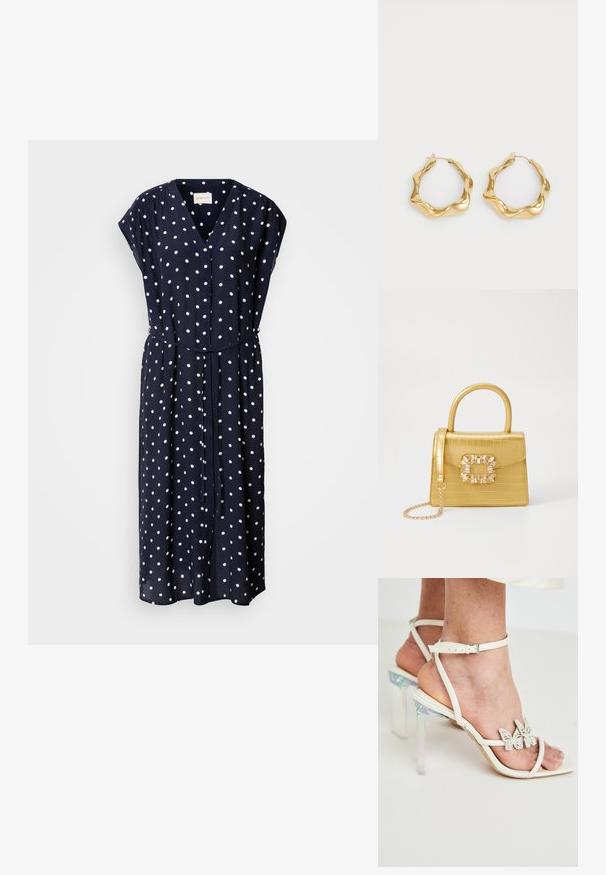 Robe bleu marine à pois blancs, décolleté en V, manches courtes, boutonnage devant et taille nouée pour un ajustement réglable. Tissu fluide et léger.; Sandales à talons blancs avec des brides, équipées de talons block transparents et irisés, et d'accents décoratifs en forme de papillon sur les brides. Texture en cuir lisse.; Sac à main en faux crocodile jaune avec un design structuré, une poignée supérieure, une bandoulière en chaîne amovible, et un ornement cristallin décoratif sur le fermoir.; Boucles d'oreilles en or en forme d'anneau avec un design texturé et ondulé. Présentent une fermeture en fil fin et une surface polie et réfléchissante.