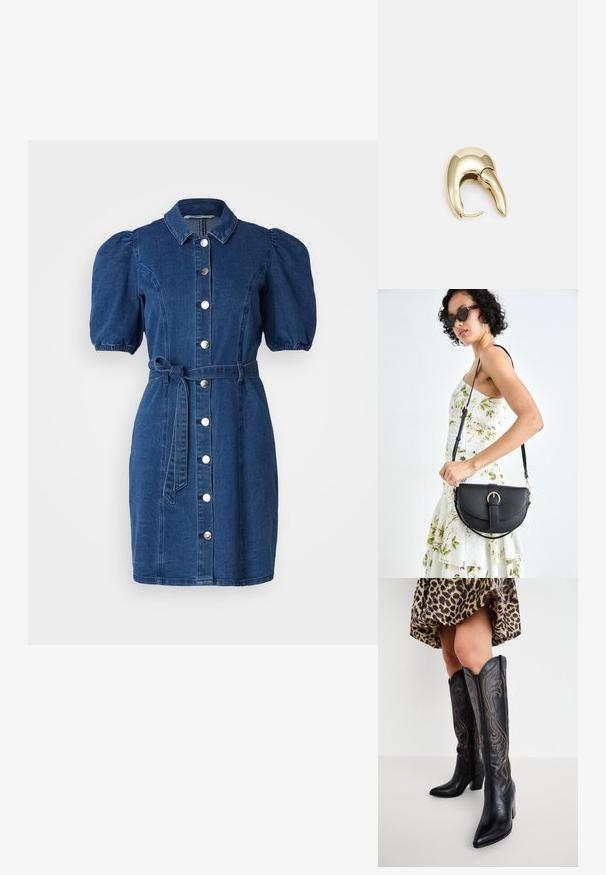 Tamsiai mėlyna džinsinė suknelė su pūstomis trumpomis rankovėmis, apykaklės iškirpte, priekyje su sagų užsegimu ir per juosmenį surišamu diržu. Glotni tekstūra.; Kojos, apsirengusios juodais odiniais kaubojiškais batais iki kelių su dekoratyviniu siuvinėjimu, derinamos su trumpa leopardų raštuota sijonu ant balto fono.; Juodas odinis krepšys su išlenkta forma, nuimamu dirželiu ir auksiniais detalėmis. Krepšys turi kilpą su sagtimi.; Aukso tono metalinės auskarai su stilingu, kreiviu dizainu. Išsiskiria ryškiu smailiu pavidalu, poliruota paviršiumi ir užsegimu su vyriu.