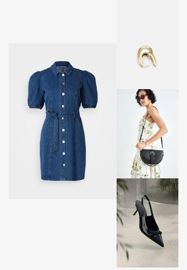 Denim dress in dark blue with puffed short sleeves, a collared neckline, front button closure, and a tied waist belt. Smooth texture.; Black patent leather slingback high heel with pointed toe and decorative buckle, suspended above a light cracked floor.; Black leather handbag with a curved shape, detachable strap, and gold hardware. The bag features a flap with a buckle detail.; Gold-tone metal earring with a sleek, curved design. Features a distinctive pointed shape, polished surface, and hinge closure.