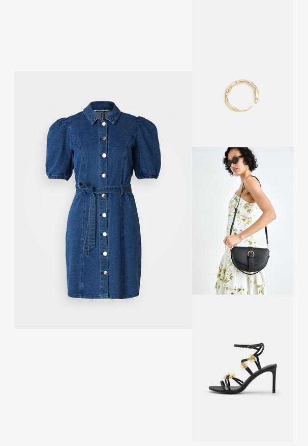 Tumed sinine teksakleit, millel on pühendatud lühikesed varrukad, kaeluse tipus, ees nuppe kinnitav sulgemine ja seotud vööpantaloon. Sile tekstuur.; Must mustaga kõrge kontsaga sandaal, millel on õrnad kuldsed lillede kaunistused ja sile tekstuur; sisaldab nupukinnitust pahkluu rihmal.; Mustmust mustraha kõverate joontega, eemaldatava rihmaga ja kuldsete detailidega. Kotil on klapp, millel on pandladetail.; Kuldtoonis sõrmus, millel on orgaaniline, keerdunud disain sileda tekstuuri ja kitsenevate otstega, luues kaasaegse skulptuurilise välimuse.