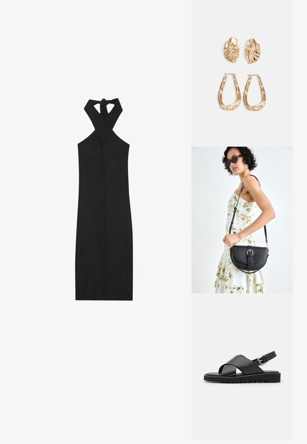 Svart halterneck-klänning med korsad halsringning och knytdetalj. Tillverkad av ribbat material, har den en figursydd siluett och knä-length nederkant.; Svarta lädersandaler med ett korsremdesign, justerbar spänne och texturerad sula med ribbor för grepp.; Svart läderhandväska med en böjd form, avtagbar rem och guldiga detaljer. Väskan har ett lock med en spänndetalj.; Örhängen i guldton med texturerade, vågiga former. Inkluderar skulpturala clip-on-stift och öppen hoop-design med hamrad finish.
