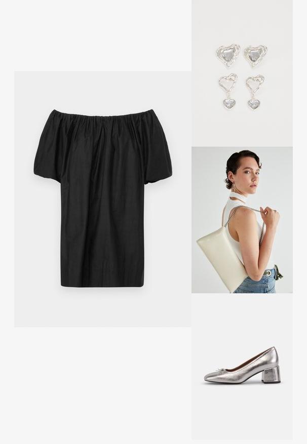 Melns off-the-shoulder tops, kas izgatavots no viegla auduma, ar savāktu kakla dizainu un īsām, pūkainām piedurknēm. Vienkāršs, bez rotājumiem veidots dizains.; Metāliski sudraba ādas sūkņi ar sašaurinātu purngalu un masīlu papēdi. Iezīmējas ar loku detaļu uz augšdaļas, teksturētu virsmu un gludu apdari.; Balts taisnstūra clutch soma, izgatavota no spīdīga materiāla, ar sudraba ķēdes siksnu. Modelis pozē, demonstrējot somu uz vienkārša fona.; Sudraba sirds formas auskari ir rotāti ar daudzšķautņainiem caurspīdīgiem akmeņiem un ar teksturētu rāmi. Komplektā iekļauti gan pērlīšu, gan pilienu stili.