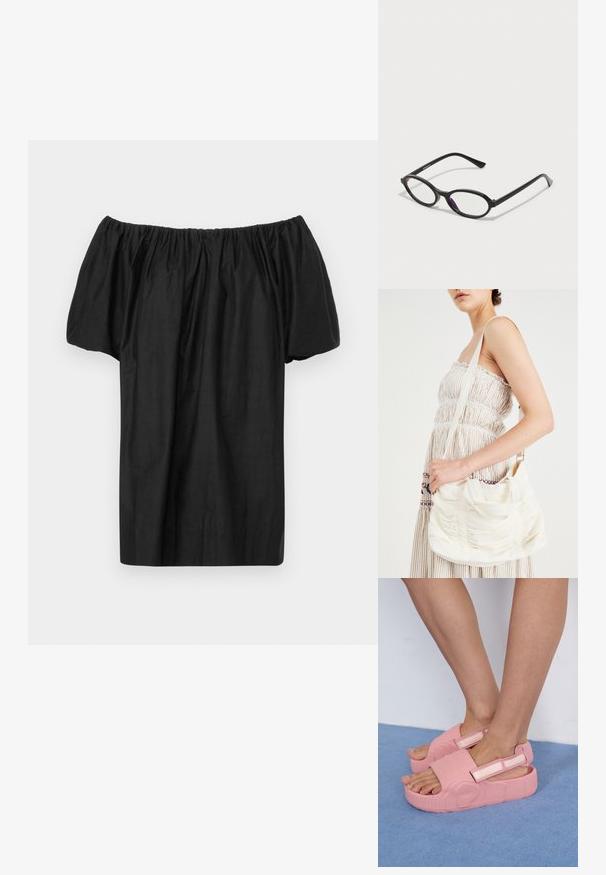 Top preto de ombro a descoberto feito de tecido leve, com decote franzido e mangas curtas e bufantes. Design simples, sem ornamentos.; Chinelas de borracha rosa com um upper texturizado, fita ajustável e uma sola espessa, apresentando padrões de ondas e um logótipo da marca na lateral.; Óculos com armação oval preta e detalhes em roxo translúcido nas lentes. A armação tem um acabamento mate e hastes finas e retas.; Bolsa de ombro em tecido branco com textura franzida, alça ajustável e acabamentos em prateado. Exposta ao lado de um vestido creme.