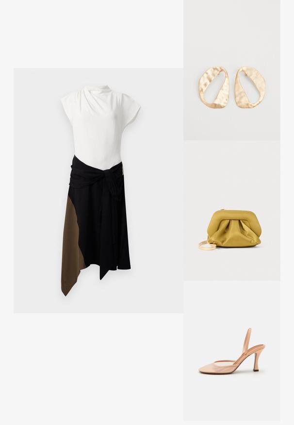 Sukienka z rękawami typu cap, posiadająca biały top i zwiewny, wieloczęściowy dół w kolorze czarnym i ciemnobrązowym, z wiązaniem w talii do regulacji dopasowania.; Nude siateczkowe sandały na szpilce z ostro zakończonym noskiem, smukłym paskiem na kostce i obcasem w kształcie stiletto, z czarnym akcentem u podstawy.; Żółta, miękka torebka na łańcuszku o strukturalnej górze, zgromadzonej podstawie i cienkim, odpinanym pasku. Zamek błyskawiczny na górze.; Para nieregularnych, owalnych kolczyków ze złotego metalu o teksturowanej, lekko młotkowanej powierzchni na białym tle.