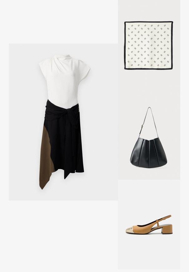 Šaty s krátkým rukávem, bílý vršek a splývavá sukně z více panelů v černé a tmavě hnědé barvě, s detaily na zavázání v pase pro úpravu velikosti.; Hnědé kožené slingback lodičky s metalickým zlatým špičkou, s blokovým podpatkem a štíhlým nastavovacím páskem. Hladký povrch s minimálními detaily.; Bílý hedvábný šátek se opakujícím se černým geometrickým vzorem, lemovaný pevným černým okrajem. Lehký s hladkým povrchem.; Černá kožená kabelka přes rameno s skládacím designem, hladkým povrchem, jedním popruhem a jemným zlatým kováním.