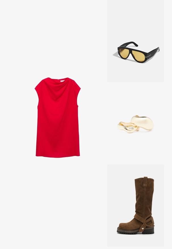 Röd ärmlös klänning med draperad halsringning och mjukt tyg. Har rak skärning och bakstängning utan synliga dekorationer.; Diesel D-TEXAN 2IN1 CH - Cowboy- / Bikerboots - khaki; Svarta solglasögon med en geometrisk båge, gula linser och guldfärgade detaljer på bågarna. Slät yta, bred form, samtida design.; Guldfärgade örhängen med en organisk, bönformad form och en slät, reflekterande yta; har en minimalistisk design utan synlig hårdvara.