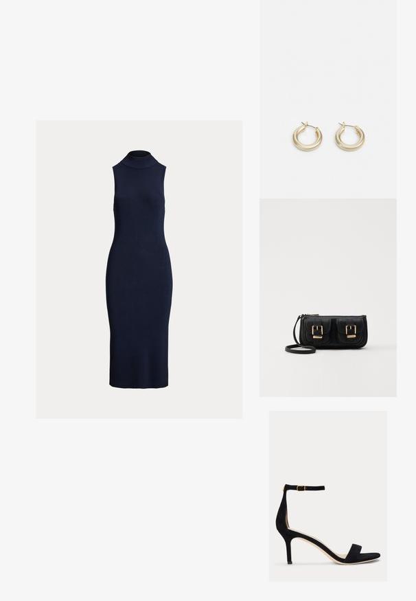 Mørkeblå, ermeløs ribbet kjole med høy hals og figurnær silhuett, laget av et strukturert strikket stoff.; Lauren Ralph Lauren ALLIE MID HEEL SUEDE SANDAL - Sandaler - black; Svart skinn crossbody veske med to frontlommer, gyldne spenner, glidelåslukking og en slank stropp. Teksturert overflate og kompakt rektangulær form.; Lauren Ralph Lauren BASIC SMALL HOOP - Øredobber - gold-coloured