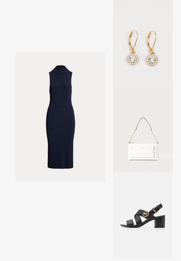 Tamnoplava haljina bez rukava s rebrastim uzorkom, visokim ovratnikom i tijesnim krojem, izrađena od teksturiranog pletenog materijala.; Crne kožne sandale s križnim trakama i okruglim MK logom. Blok peta je srednje visine, pružajući stabilnost i elegantan dizajn.; Bijela kožna torba s teksturiranim završetkom, koja ima zlatni lančić i crne akcentne detalje. Uključuje prednji džep i zatvaranje na patentni zatvarač.; Zlatne okrugle naušnice središnjim prozirnim kristalom okruženim manjim prozirnim kamenčićima, s kvačicom za sigurno nošenje.