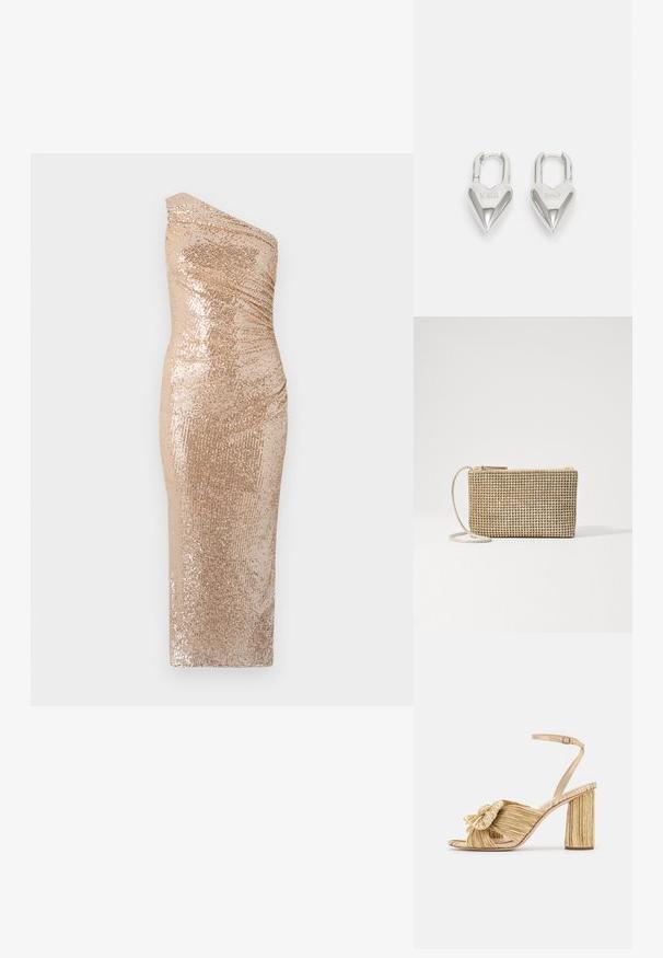 Abito bodycon con design a spalla unica, realizzato in tessuto a paillettes dorate. Presenta una silhouette aderente e una texture liscia.; Sandali con tacco dorato, con un davanti annodato, texture plissettata e cinturino alla caviglia. Il tacco a blocco ha un design rigato che migliora la presa.; Loeffler Randall YASMINE FLAT CLUTCH - Borsa a tracolla - gold; Lucchetti a forma di cuore in argento con incisioni "SÌ" e "NO", finitura lucida, design simmetrico e un robusto gancio in metallo.