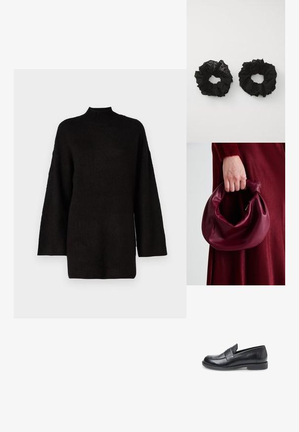 Černý oversized pletený svetr s vysokým stojáčkem a dlouhými rukávy, který má texturovanou tkaninu pro zvýšení vizuálního zájmu.; Bata Polobotky - nero; Burgundská kožená kabelka s měkkým, nabíraným designem a zaobleným tvarem. Ucho je zajištěné a vykazuje hladkou texturu.; Černé látkové gumičky s nařasenou texturou, obsahující vyšívané vzory. Dvě velikosti, obě měkké, s jemným zakončením.