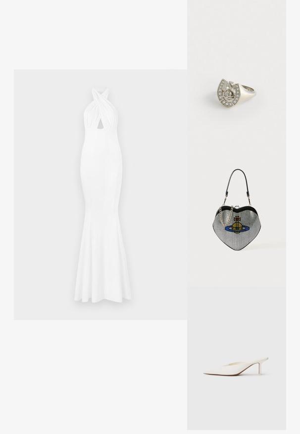 Hvid aftenkjole med tætsiddende skæring, halterneck, snoet frontdetalje og en flæsenederste del. Lavet af glat, strækbart stof.; Spids-tået hvid mule med en lav stilettohæl. Fremstillet af glat materiale med et minimalistisk design og diskret tan såldetalje.; Hjerteformet handsker lavet af netmateriale med en metallisk finish, der har et katte- og planetdesign i blå, gul og rød. Inkluderer en kædetras.; Sølvring formet som en hestesko, pyntet med små klare ædelsten langs den ydre kant og et centralt design med et kors.