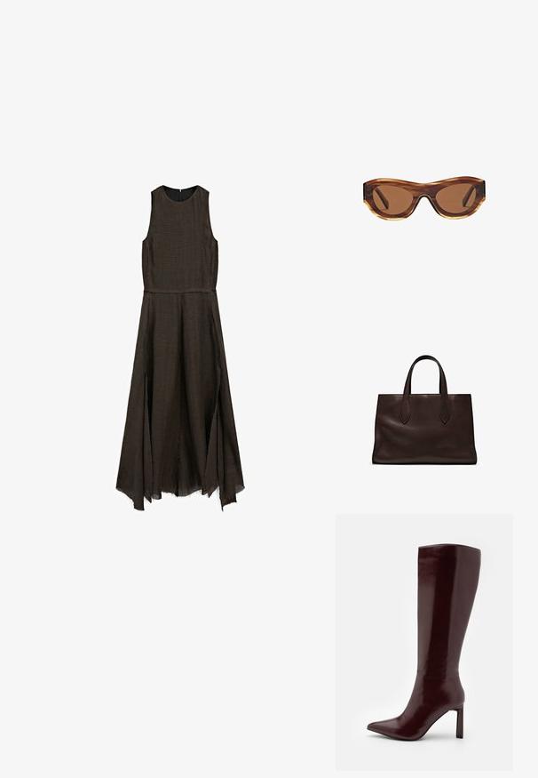 Brązowa sukienka bez rękawów o teksturowanej tkaninie, z dopasowanym górnym częścią i luźną spódnicą z surowym wykończeniem dołu oraz bocznymi rozcięciami.; Even&Odd - Kozaki; Okulary przeciwsłoneczne z oprawką w wzór żółwiej skorupy, brązowymi gradientowymi szkłami i eleganckim kształtem kociego oka. Wykonane z lekkiego plastiku z błyszczącym wykończeniem.; Brązowa skórzana torba tote z dwoma wydłużonymi uchwytami, usztywnionym prostokątnym kształtem, gładką teksturą i subtelnymi detalami przeszycia.; Czarna bransoletka z żywicy z gładką, błyszczącą powierzchnią i zaokrąglonymi krawędziami. Posiada małe złote logo "Pilgrim" na wewnętrznej stronie.