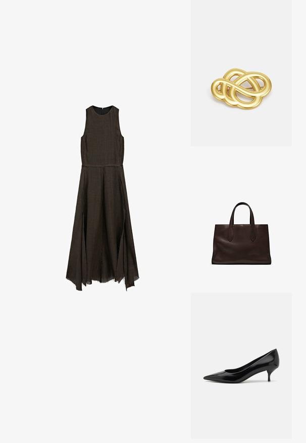 Braunes ärmelloses Kleid aus strukturierter Stoff, mit einem taillierten Oberteil und einem fließenden Rock mit rohem Saum und seitlichen Schlitzen.; Schwarzer Lackleder-High-Heel-Schuh mit spitzem Zeh und niedrigem Stiletto-Absatz. Glatte Textur und minimalistisches Design, keine sichtbaren Muster oder Akzente.; Braune Ledertasche mit zwei langen Griffen, strukturierte rechteckige Form, glatte Textur und dezente Nähdetails.; Goldfarbener Brosche mit einem geknoteten Design, sanften, geschwungenen Linien und einer filigranen Form, die eine polierte Oberfläche widerspiegelt.