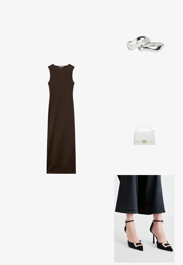 Bezramenné hnedé maxi šaty s priliehavým telom a priamym siluetom. Vyrobené z hladkej látky, s okrúhlym výstrihom a bez viditeľných zapínaní.; Čierne saténové lodičky na vysokom opätku so špicatými špičkami, zdobené dekoratívnou kamienkovou sponou a tenkými členkovými remienkami.; Biela kožená kabelka so štruktúrovaným dizajnom, vybavená hornou rukoväťou a zlatou sponou. Hladká textúra a minimalistické akcenty.; Dvoje prepletených prsteňov vyrobených z lešteného strieborného kovu, s hladkými, zakrivenými tvarmi a lesklými povrchmi, ktoré sa mihotajú odrazmi.
