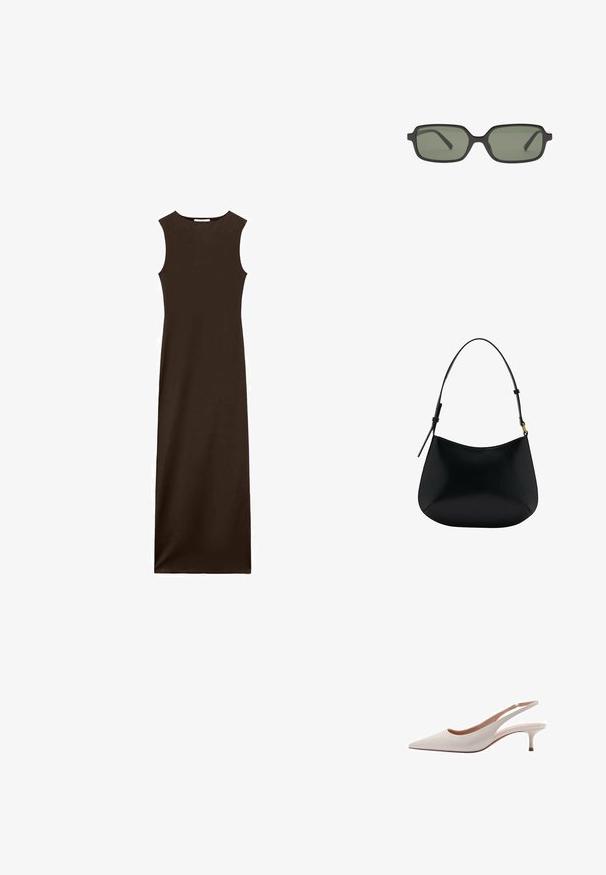 Rochie maxi maro fără mâneci, cu un corset ajustat și o siluetă dreaptă. Fabricată dintr-un material neted, cu un guler rotund și fără închideri vizibile.; Mango Pantofi clasici cu toc - off-white; Ochelari de soare rectangulari negri cu lentile verzi închise, având un design plat, laturi minimalistice și un cadru ușor pentru confort.; Geantă de umăr din piele neagră, cu o textură netedă, formă curbată și mânere ajustabile. Prezintă cusături minime și un design simplu.