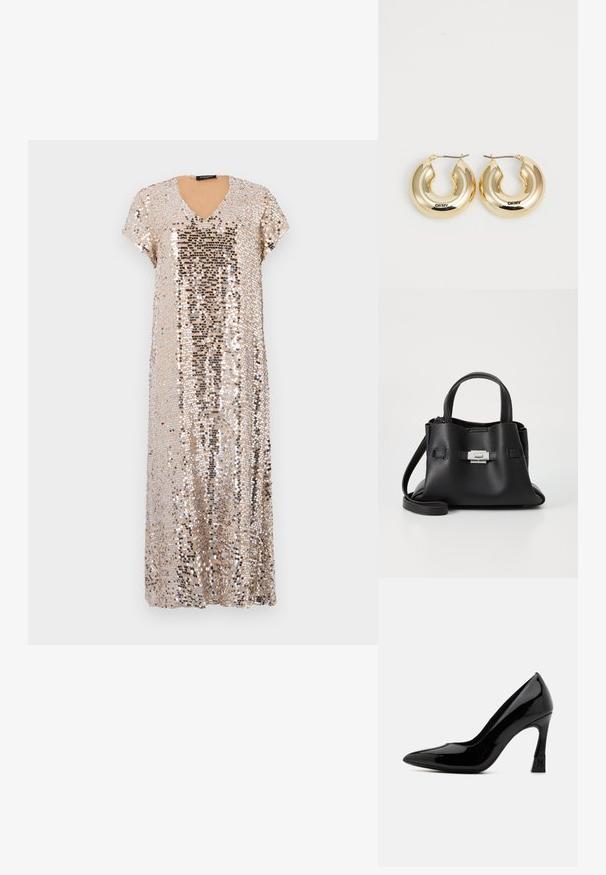 Sequined dress in gold with a V-neckline and short sleeves. Features a relaxed fit and all-over shimmering sequins in varying sizes.; Black patent leather high heel pump with a pointed toe and a block heel featuring a logo accent. Smooth, shiny surface texture.; Black leather handbag with a textured finish, featuring two top handles, a detachable shoulder strap, and a silver clasp detail.; Gold hoop earrings with a smooth, rounded design and a shiny finish, featuring a clasp for securing. Engraved with "DKNY."