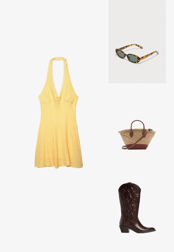 Żółta sukienka na ramiączkach z teksturowanej tkaniny. Głęboki dekolt w kształcie litery V, dopasowana góra i rozkloszowany dół. Fale na brzegu dekoltu.; Ciemnobrązowy skórzany kowbojski but z dekoracyjnym haftem, spiczastym noskiem, średniej wysokości piętą i pętelką na górze.; Okulary przeciwsłoneczne w kolorze żółwia z owalnymi oprawkami, ciemnozielonymi soczewkami i smukłymi zausznikami. Posiadają subtelne logo na zauszniku.; Woven straw basket bag with brown leather accents, two handles, and a detachable strap. Curved shape with a sturdy base.