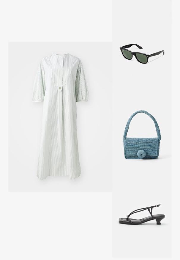 Csíkos ruha világoszöld és fehér színben, kerek nyakkivágással, rövid puffos ujjakkal és hátul gombos záródással.; Fekete bőr szandál vékony pántokkal, alacsony blokk sarkú és négyzetes orrú. Csattal záródik és sima textúrájú.; Fekete műanyag napszemüveg zöld lencsékkel, négyzet alakú kerettel, ezüst díszítéssel a keret felső részén, valamint texturált szárakkal. A márka neve a belső száron található.; Szövetelt kék kézitáska texturált felszínnel, téglalap alakú, rövid fogantyúval és nagy, kerek záródási részlettel az elején.