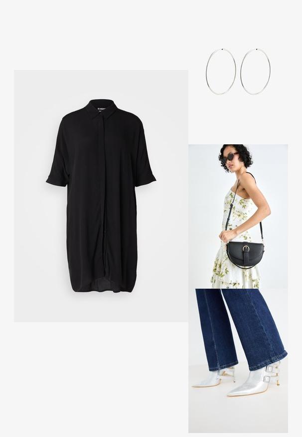 Vestido camisero corto y negro hecho de un tejido ligero. Presenta un cuello, cierre frontal de botones y una silueta suelta y alargada.; Botines metálicos plateados con punta afilada y dos tiras con hebilla. Llevados con jeans de mezclilla azul oscuro, ligeramente acampanados.; Bolso de piel negra con forma curva, correa desmontable y herrajes dorados. El bolso cuenta con una solapa con un detalle de hebilla.; Pendientes de aro plateados con un diseño redondo y liso, y un acabado pulido. Son delgados y ligeros, y cuentan con un sencillo cierre de gancho.