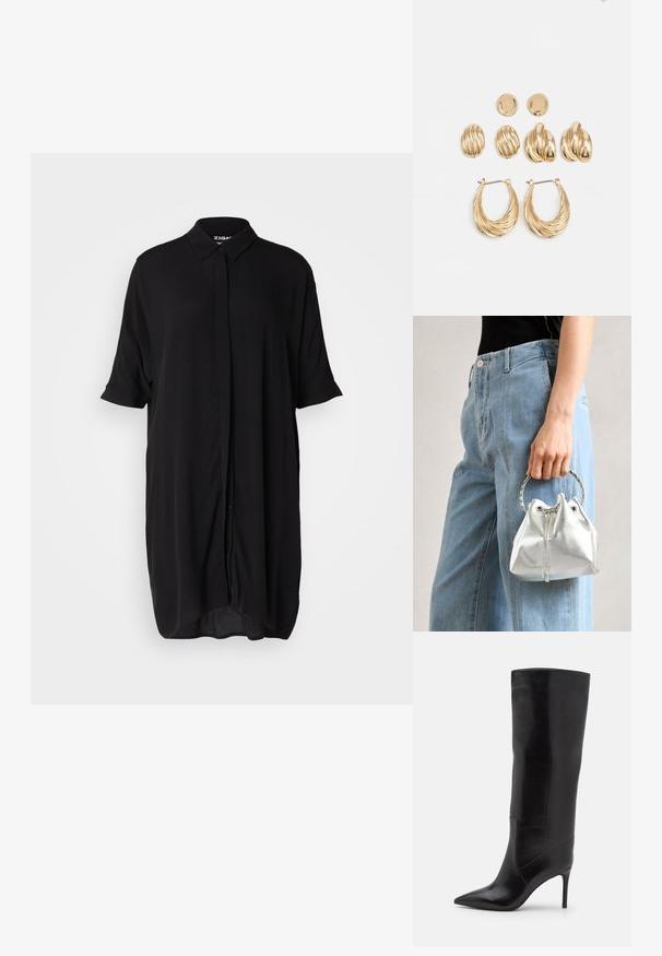 Robe chemise noire à manches courtes en tissu léger. Elle présente un col, une fermeture boutonnée à l'avant et une silhouette ample et allongée.; Jeffrey Campbell ARSEN - Bottes - black; Sac en seau argent métallique avec une finition texturée, orné d'une poignée ronde en argent et d'une fermeture à cordon, tenu contre un jean bleu clair.; Ensemble de boucles d'oreilles dorées comprenant trois paires : des clous ovales texturés, des clous au design ondulé et de grandes boucles d'oreilles avec des nervures superposées.