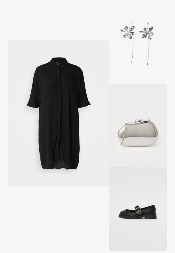 Černé šaty s krátkým rukávem vyrobené z lehkého materiálu. Mají límeček, zapínání na knoflíky vpředu a volný, prodloužený siluetu.; Černá kožená bota typu Mary Jane s kulatou špičkou, popruhem kolem kotníku a stříbrným detailem na přezce. Obsahuje plochou, robustní podrážku a akcent s mašlí.; Stříbrná kovová spojka s zaobleným, hladkým tvarem. Obsahuje uzávěr na klips a odnímatelný řetízek. Reflexní povrch bez vzorů.; Stříbrné naušnice ve tvaru květiny s texturovaným povrchem, které mají dlouhé háčky a detaily v podobě okvětních lístků pro složitý design.