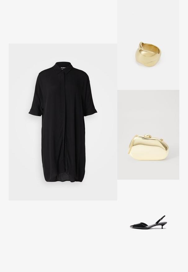 Svart skjortekjole med kort erme laget av et lett materiale. Har krage, knappelukking foran, og en løs, lang silhuett.; Sorte patentlæder slingback hæle med spids tå, metalakcent på tåen og en tynd kitten hæl. Glat tekstur, minimalistisk design.; Metallisk gull clutch med en glatt, rund form, med en toppknapp-lås og et lite kjede for bæring.; Gullfarget ring med en glatt, vridd design. Har en polert overflate og avrundede kanter, som skaper en sømløs, flytende form.