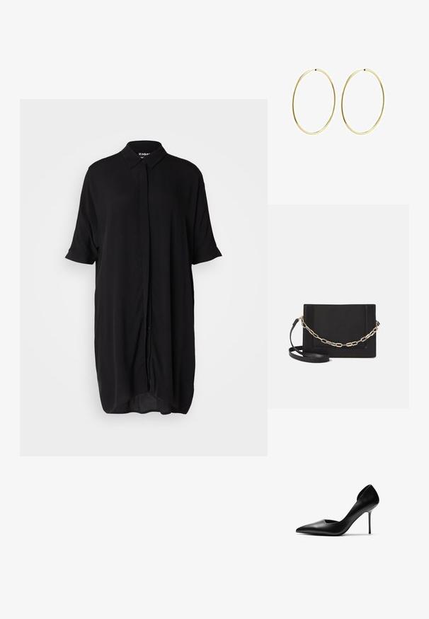 Čierne šaty s krátkym rukávom vyrobené z ľahkého materiálu. Obsahujú golier, predné zapínanie na gombíky a voľný, predĺžený strih.; Čierne kožené stiletto s výrazne špicatou špičkou a výrezmi po stranách. Hladký povrch a vysoký, štíhly podpätok vytvárajú elegantný siluetu.; Čierna kožená crossbody taška s hladkou textúrou, obdĺžnikovým tvarom a kovovým reťazovým detailom na prednej strane. Súčasťou je nastaviteľný popruh.; Zlaté kruhové náušnice s hladkým, zaobleným dizajnom. Tenké a ľahké, s nepřerušeným okruhom bez akýchkoľvek ozdôb.
