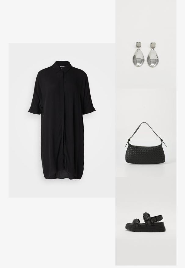 Černé šaty s krátkým rukávem vyrobené z lehkého materiálu. Mají límeček, zapínání na knoflíky vpředu a volný, prodloužený siluetu.; Černé sandály s texturovaným designem popruhu, vybavené dvěma nastavitelnými suchými zipy a silnou gumovou podrážkou pro zvýšení výšky.; Černá tkaná taška přes rameno s hladkým koženým popruhem a uzavíráním na zip. Dispozice obsahuje texturovaný povrch a zakřivený tvar.; Stříbrné kapkové náušnice se čtvercovou například, s hladkým, lesklým povrchem a kapkovým tvarem, odrážející světlo lesklým povrchem.