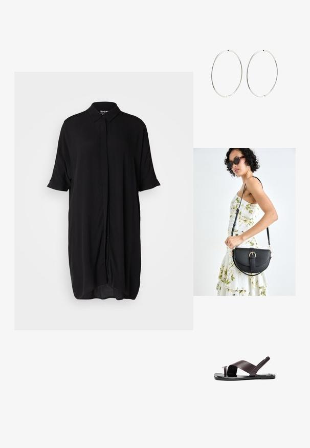 Melnas, īsām piedurknēm krekla kleita, izgatavota no viegla auduma. Rūpīgi izstrādātas iezīmes ietver apkakli, pogu priekšpusi un brīvu, pagarinātu siluetu.; Brūni ādas sandales ar pārklājošu siksnu dizainu, plakanu zoli un nelielu apaļu detaļu. Gluda tekstūra, minimālisma stils.; Melnas ādas rokassoma ar izliekta formu, noņemamu siksnu un zelta aksesuāriem. Somai ir vāciņš ar sprādzes detaļu.; Sudraba riņķa auskari ar gludu, apaļu dizainu un pulētu apdari. Tie ir plāni un viegli, ar vienkāršu aizdari.