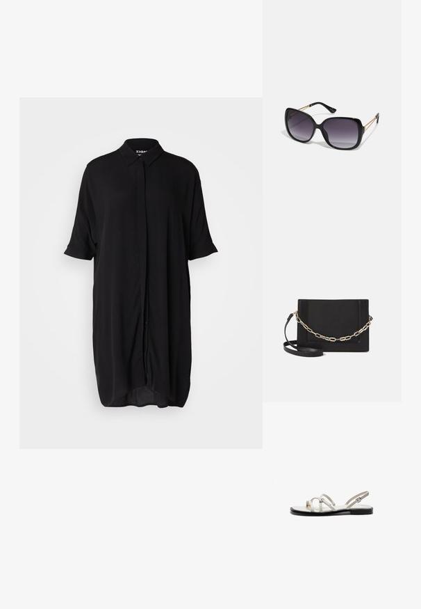 Black, short-sleeve shirt dress made from a lightweight fabric. Features a collar, button-down front, and a loose, elongated silhouette.; Flat sandals featuring thin metallic straps, a light cream upper, and a black sole. Adjustable buckle detail on the ankle strap.; Black oversized sunglasses with gradient lenses, thick frames, and gold-tone chain detailing on the temple arms.; Black leather crossbody bag featuring a smooth texture, rectangular shape, and a metallic chain detail on the front. Adjustable strap included.; Black leather crossbody bag featuring a smooth texture, rectangular shape, and a metallic chain detail on the front. Adjustable strap included.