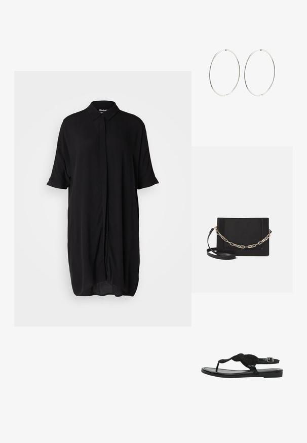 Mustmust musta särgis kleit, millel on lühikesed varrukad ja kerge kangas. Omab kraed, nööpide eesosa ja avarat, pikemat siluetti.; Mustad mustad sandaalid, millel on punutud rihm, reguleeritav pahkluu lõks ja siledast nahast siserikkumine. Minimalistlik disain ja stiilne siluett.; Mustast nahast õlakott, mis omab siledat tekstuuri, ristküliku kuju ning esiküljel metallketi detaili. Reguleeritav rihm on kaasas.; Hõbedased rõngaskõrvarõngad, millel on sujuv, ümmargune disain ja poleeritud viimistlus. Need on õhukesed ja kerged, omades lihtsat klambrit.