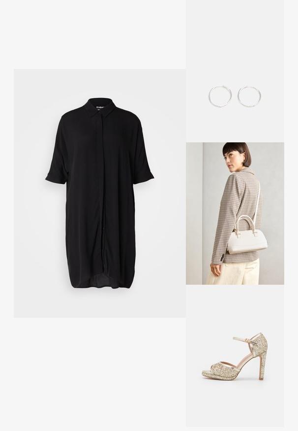 Čierne šaty s krátkym rukávom vyrobené z ľahkého materiálu. Obsahujú golier, predné zapínanie na gombíky a voľný, predĺžený strih.; Zlaté trblietavé sandále na vysokom opätku s otvorenou špičkou, členkovým remienkom a robustnou platformou. Hladké metalické akcenty zlepšujú celkový dizajn.; Biela štruktúrovaná kabelka s krátkymi rúčkami a ramenným popruhom, s zlatými kovovými prvkami a textúrovaným materiálom, vystavená na šedom pozadí.; Strieborné kruhové náušnice s elegantným, okrúhlym dizajnom, s hladkým povrchom a bez viditeľných ozdôb. Priemer nie je špecifikovaný.