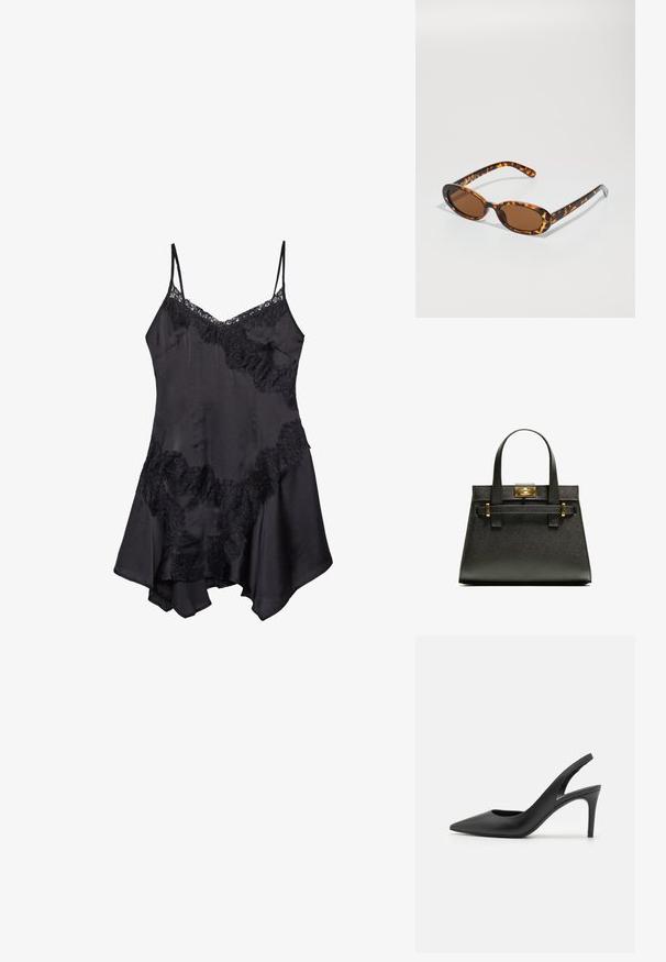 Abito slip in satin nero con bordo in pizzo, dotato di spalline regolabili e orlo svasato, texture morbida e dettagli decorativi a ruches.; Tacchi alti slingback in pelle nera con design a punta, caratterizzati da un'apertura frontale e un sottile tacco a stiletto.; Occhiali da sole tartaruga con montatura ovale, lenti marroni e astine nere sottili con accenti di pattern discreti.; Borsa a tracolla nera con manici corti, dotata di una chiusura e dettagli in oro. Il design è strutturato, con una silhouette geometrica.