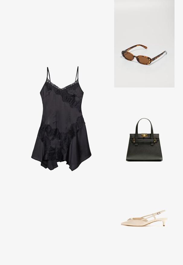 Robe nuisette en satin noir avec des bordures en dentelle, dotée de bretelles spaghetti réglables et d'un ourlet évasé, texture douce et détails de volants décoratifs.; Chaussure slingback beige à bout pointu avec un petit talon, affichant une finition brillante en vernis et deux brides réglables sur le pied.; Lunettes de soleil en écaille de tortue avec des montures ovales, des verres marron et des branches noires fines présentant des accents de motif subtils.; Sac fourre-tout noir texturé avec poignées courtes, présentant un fermoir et des accents dorés. Le design est structuré, avec une silhouette géométrique.