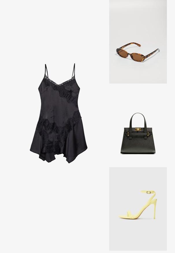 Črna satenska obleka z naramnicami iz čipke, s prilagodljivimi spaghetti naramnicami in razširjenim robom, mehko teksturo in dekorativnimi volančki.; Rumene lakirane sandale na visoki peti z dvema sprednjima trakama in trakom okoli gležnja, ki ima zaponko. Tanek, koničast dizajn pete.; Želve kreme sončna očala z ovalnimi okvirji, rjavimi lečami in tankimi črnimi ročaji, ki imajo subtilne vzorčne akcentne podrobnosti.; Črna strukturirana toaletna torba z kratkimi ročaji, ki ima zlat zaklep in poudarke. Oblikovanje je strukturirano, s geometrijsko silhueto.