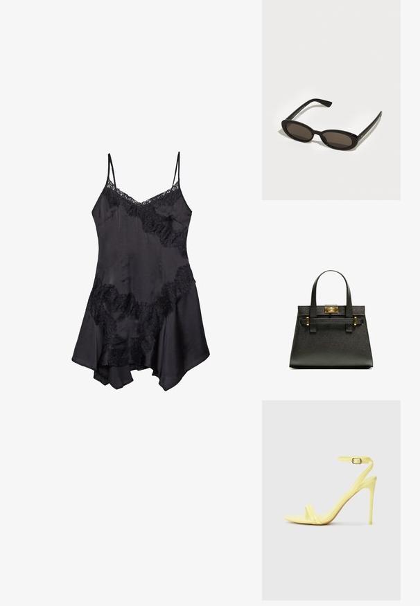 Robe nuisette en satin noir avec des bordures en dentelle, dotée de bretelles spaghetti réglables et d'un ourlet évasé, texture douce et détails de volants décoratifs.; Sandales à talons hauts en cuir verni jaune avec deux brides avant et une bride de cheville dotée d'une boucle. Design de talon fin et pointu.; Lunettes de soleil noires avec des verres ovales semi-montés. Monture brillante et branches élégantes. Verres teintés foncés avec des détails de quincaillerie minimes.; Sac fourre-tout noir texturé avec poignées courtes, présentant un fermoir et des accents dorés. Le design est structuré, avec une silhouette géométrique.