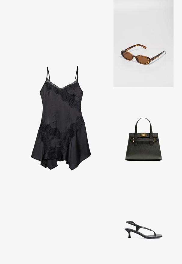 Čierne saténové šaty s čipkovým lemovaním, s nastaviteľnými ramienkami a rozšíreným okrajom, mäkká textura a ozdobné volániky.; Čierne kožené sandále s elegantným dizajnom, tenkými popruhmi a nízkym podpätkom. Obsahujú kovovú sponu a hladký, textúrovaný stielku.; Žlté slnečné okuliare s oválnymi rámami, hnedými sklami a štíhlymi čiernymi stranami s jemnými vzorovými akcentmi.; Čierna textúrovaná taška s krátkymi uchami, s kovovým zapínaním a akcentmi v zlatej farbe. Dizajn je štruktúrovaný, s geometrickým siluetou.