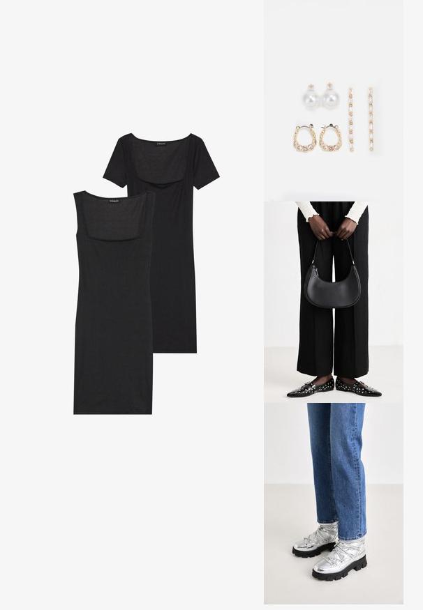 Vestido negro ajustado con escote cuadrado, mangas cortas y textura acanalada. Se muestran dos variaciones: tonos negro claro y negro más intenso.; Botas de tobillo metálicas plateadas con suela negra resistente, que cuentan con una parte superior acolchada y cordones, combinadas con vaqueros rectos azules.; Bolso de hombro de cuero negro con forma redondeada, acabado brillante y herrajes plateados. Persona vistiendo pantalones anchos negros y mocasines con tachuelas.; Tres pares de pendientes: grandes aretes de perlas blancas, aros de oro con piedras preciosas transparentes, y dos pendientes largos y rectos de oro con detalles brillantes.