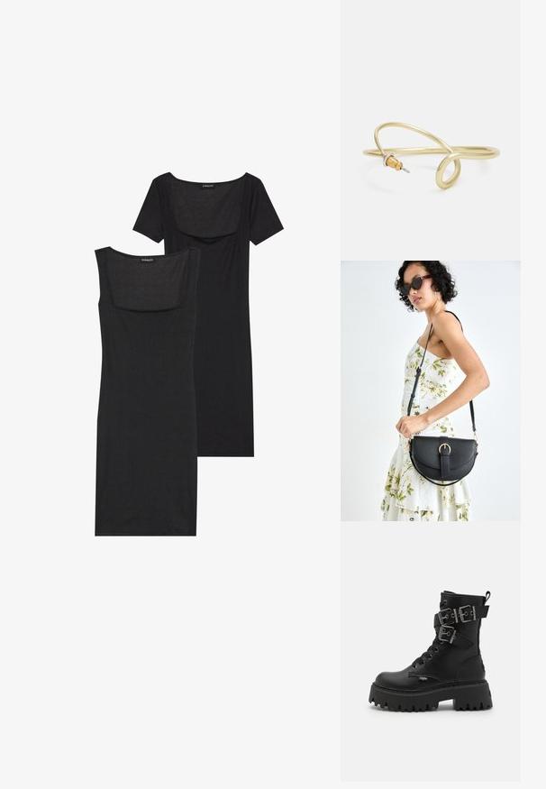 Vestido bodycon preto com decote quadrado, mangas curtas e textura canelada. Duas variações: tons de preto claro e preto mais profundo apresentados.; Buffalo ASPEN BIKER HI - Bota de tornozelo estilo cowboy/motociclista - black; Bolsa de couro preta com forma curva, alça destacável e detalhes em dourado. A bolsa possui uma aba com detalhe de fivela.; Bracelete de metal dourado com um design fluido e curvilíneo. Apresenta um pequeno acento prateado proeminente numa das extremidades.