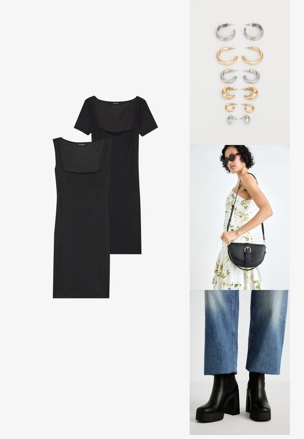 Black bodycon dress with a square neckline, short sleeves, and ribbed texture. Two variations: light black and deeper black shades shown.; ALDO CHEVIEL - High heeled ankle boots - black; Black leather handbag with a curved shape, detachable strap, and gold hardware. The bag features a flap with a buckle detail.; Set of eight metal earrings in silver and gold tones. Includes various hoop styles, textures, and finishes, arranged by size.