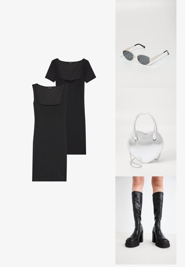 Juodas bodycon suknelė su kvadratiniu iškirpimu, trumpomis rankovėmis ir raštuota tekstūra. Dvi variantai: šviesiai juodas ir gilesnių juodų atspalvių.; Juodos iki kelių aukštos botai, pagaminti iš lygaus odos, su storu platformos dugnu ir blokuotu kulnu, su siūlėmis palei kraštus.; Akiniai nuo saulės su ovaliais pilkais lęšiais, sidabriniu metaliniu rėmu ir juodomis detalėmis ant šventyklų. Siūlo stilingą dizainą ir minimalų priedų kiekį.; Sidabrinė metalinė širdies formos rankinė su dviem rankenomis, grandininiu diržu ir lygia textura. Yra metaliniai elementai ir siūti kraštai.