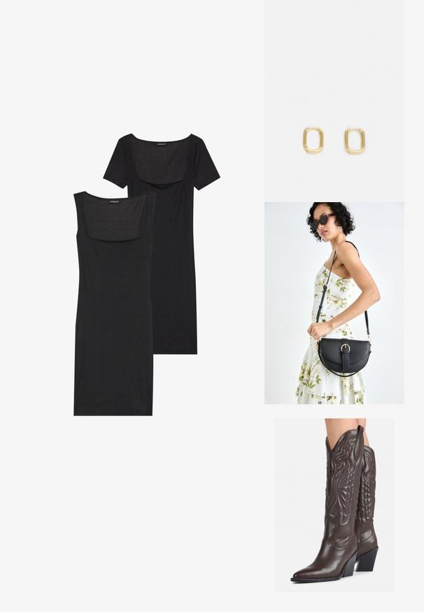 Czarna sukienka bodycon z kwadratowym dekoltem, krótkimi rękawami i prążkowaną fakturą. Dwie wersje: jasna czerń i głębsze odcienie czerni.; Brązowe skórzane kowbojki z noskiem w kształcie migdała i blokowym obcasem, z detalicznym przeszyciem i podniesionymi akcentami na cholewce.; Czarna skórzana torebka o zakrzywionym kształcie, z odpinanym paskiem i złotymi akcentami. Torebka posiada klapę z zapięciem w kształcie klamry.; Złote prostokątne kolczyki w kształcie obręczy o gładkiej fakturze i zaokrąglonych krawędziach. Projekt cechuje minimalistyczny, geometryczny kształt.