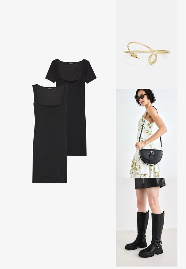 Vestido negro ajustado con escote cuadrado, mangas cortas y textura acanalada. Se muestran dos variaciones: tonos negro claro y negro más intenso.; Even&Odd Botas con plataforma - black; Bolso de piel negra con forma curva, correa desmontable y herrajes dorados. El bolso cuenta con una solapa con un detalle de hebilla.; Pulsera de metal color oro con un diseño fluido y curvado. Presenta un pequeño acento plateado prominente en un extremo.