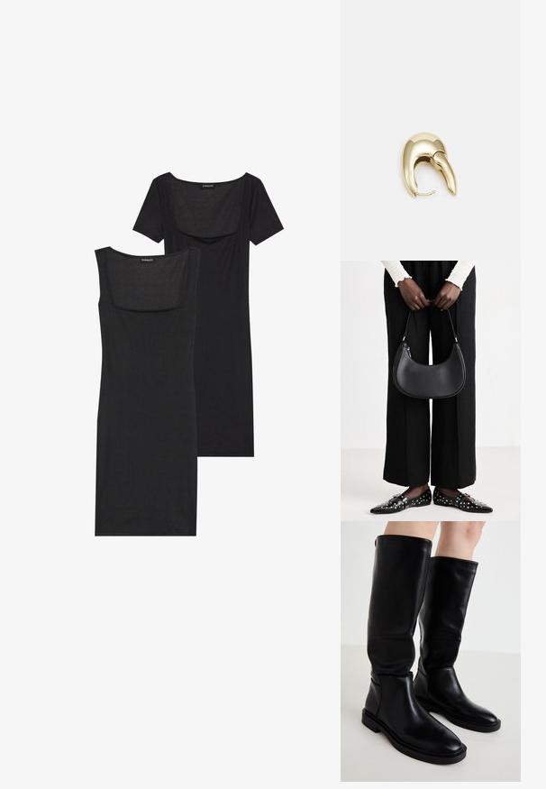 Black bodycon dress with a square neckline, short sleeves, and ribbed texture. Two variations: light black and deeper black shades shown.; Black knee-high boots made of smooth leather with a rounded toe, minimalistic design, and flat rubber sole. Seam detailing on the sides.; Black leather shoulder bag with a rounded shape, glossy finish, and silver hardware. Person wearing black wide-leg pants and studded loafers.; Gold-tone metal earring with a sleek, curved design. Features a distinctive pointed shape, polished surface, and hinge closure.