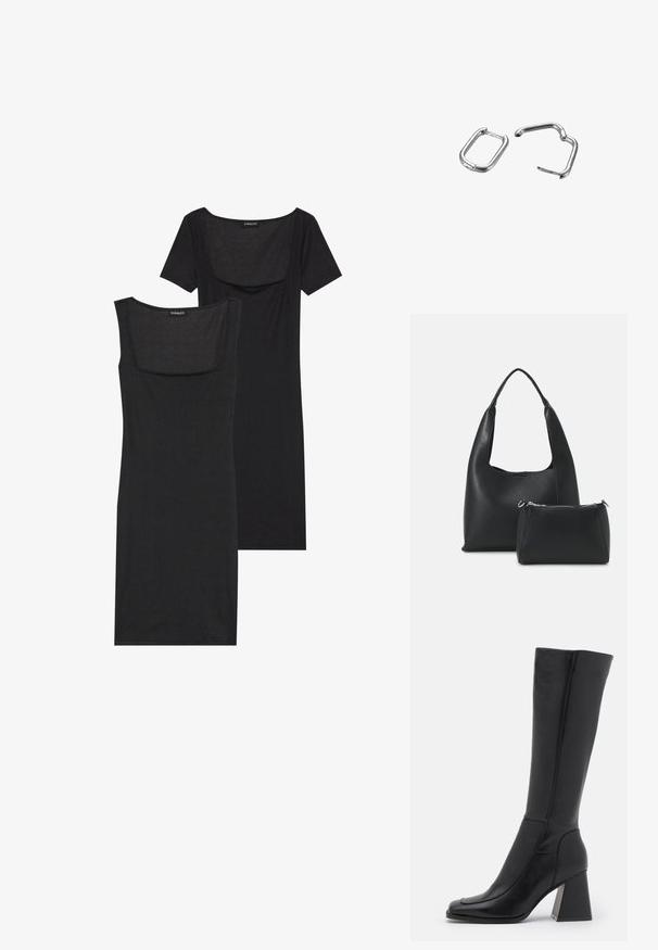 Vestido negro ajustado con escote cuadrado, mangas cortas y textura acanalada. Se muestran dos variaciones: tonos negro claro y negro más intenso.; Botas de cuero negras hasta la rodilla con punta cuadrada, textura suave, diseño tapered y tacón de bloque grueso. Presenta detalles de costura.; Even&Odd Bolso de mano - black; Clips de metal plateado en forma de resorte, uno rectangular y otro ovalado, que cuentan con superficies lisas y bordes redondeados. Ambos tienen acabados brillantes y diseños sencillos.