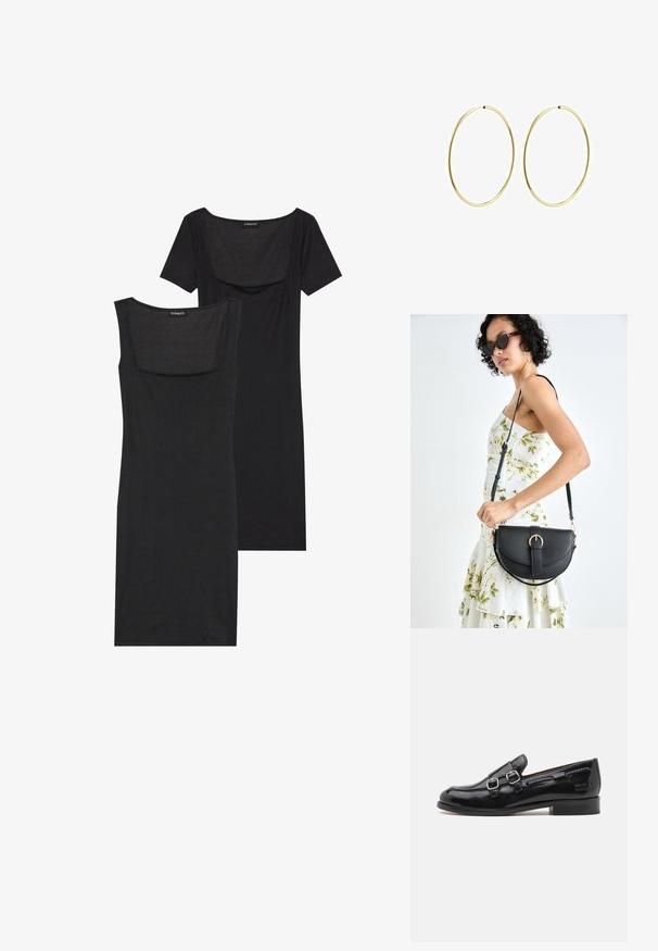 Must ülikondadega kleit ruudukujulise dekoltee, lühikeste varrukate ja ribatekstuuriga. Kaks varianti: heledama musta ja tumedama musta tooni näidatud.; Musta patendiviimistlusega loafers, millel on kaks hõbedast klambrit, veidi ümar varvas ja madal puitpindadega konts. Ülaservas on tekstureeritud õmblusteenus.; Mustmust mustraha kõverate joontega, eemaldatava rihmaga ja kuldsete detailidega. Kotil on klapp, millel on pandladetail.; Kuldsest rõngastest kõrvarõngad sileda, ümarate joontega. Õhukesed ja kerged, koosnevad pidevast ringsest kujundist ilma kaunistusteta.