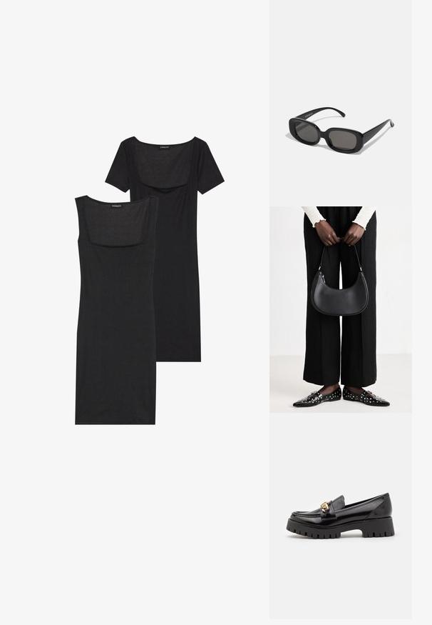 Vestido bodycon preto com decote quadrado, mangas curtas e textura canelada. Duas variações: tons de preto claro e preto mais profundo apresentados.; Mocassins de verniz preto com uma sola grossa e serrilhada preta e um detalhe em metal dourado na parte da frente. Textura suave, design clássico.; Óculos de sol retangulares pretos com lentes escuras. Armação de plástico grosso, textura suave e bordas arredondadas. As hastes elegantes extendem-se para fora.; Bolsa de ombro de couro preta com forma arredondada, acabamento brilhante e ferragens prateadas. Pessoa vestindo calças largas pretas e mocassins com tachas.