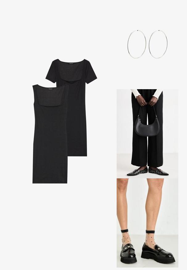 Zwarte bodycon jurk met een vierkante halslijn, korte mouwen en geribbelde textuur. Twee variaties: lichte zwarte en diepere zwarte tinten getoond.; Zwarte gepatineerde leren loafers met een chunky zool, voorzien van decoratieve zilveren hardware. Gecombineerd met doorschijnende kousen met stippen tot de enkel.; Zwarte lederen schoudertas met een ronde vorm, glanzende afwerking en zilverkleurige hardware. Persoon in zwarte wijde broek en gestifte loafers.; Zilveren oorbellen in een gladde, ronde vorm met een gepolijste afwerking. Ze zijn dun en lichtgewicht, met een eenvoudige haaksluiting.