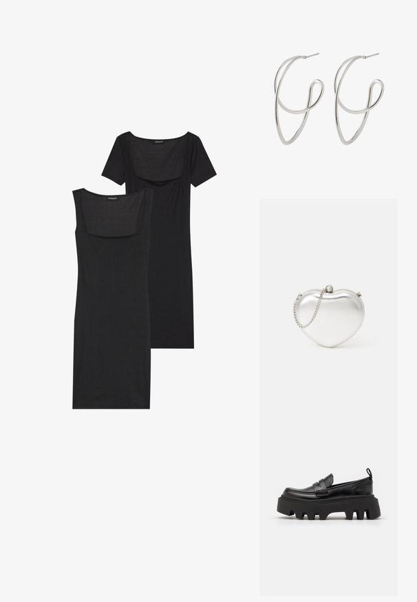 Melnā ķermeni pieguļošā kleita ar kvadrātveida dekoltē, īsām piedurknēm un ribotu tekstūru. Divas variācijas: gaiša melnā un tumšāka melnā nokrāsa.; Melnas ādas loafer kurpes ar masīvu melnu gumijas zoli, kas aprīkota ar neslīdošām iegriezumiem un dekoratīvu jostu pa priekšu.; Sirds formas metāla sudraba somiņa ar gludu tekstūru, aizbāznis un sudraba ķēdes siksna.; Sudraba tonis metāla riņķveida auskari ar savītu dizainu, kas izceļas ar gludu, pulētu tekstūru un plānu stieples konstrukciju.